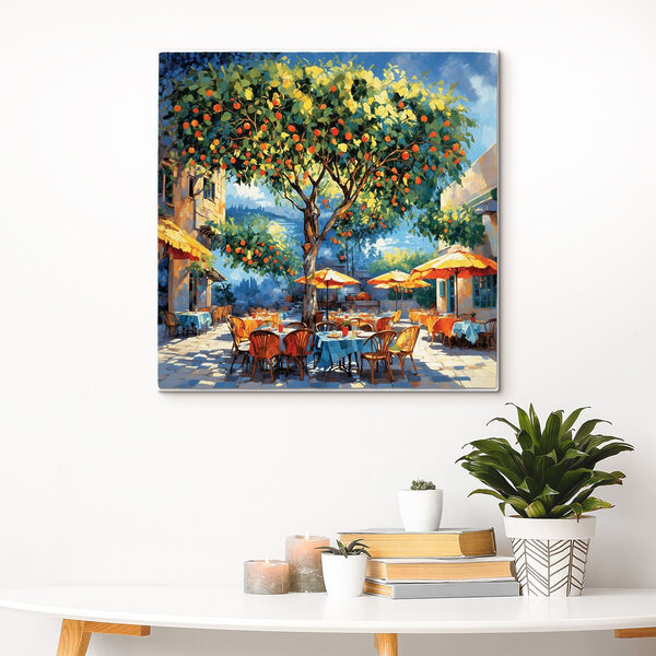 Painting of an orange tree with tables and chairs under an orange tree Painting of an orange tree with tables and chairs under an orange tree