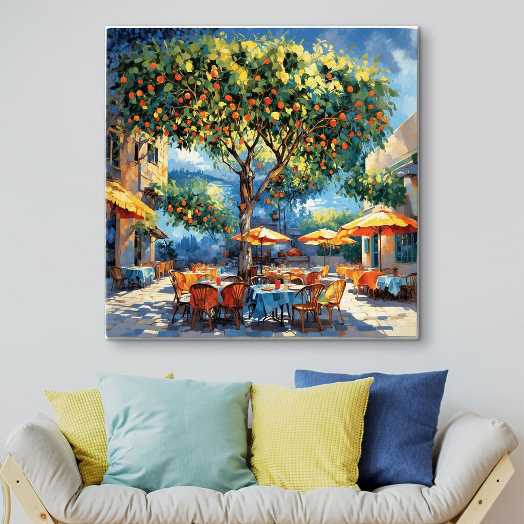 Painting of an orange tree with tables and chairs under an orange tree Painting of an orange tree with tables and chairs under an orange tree
