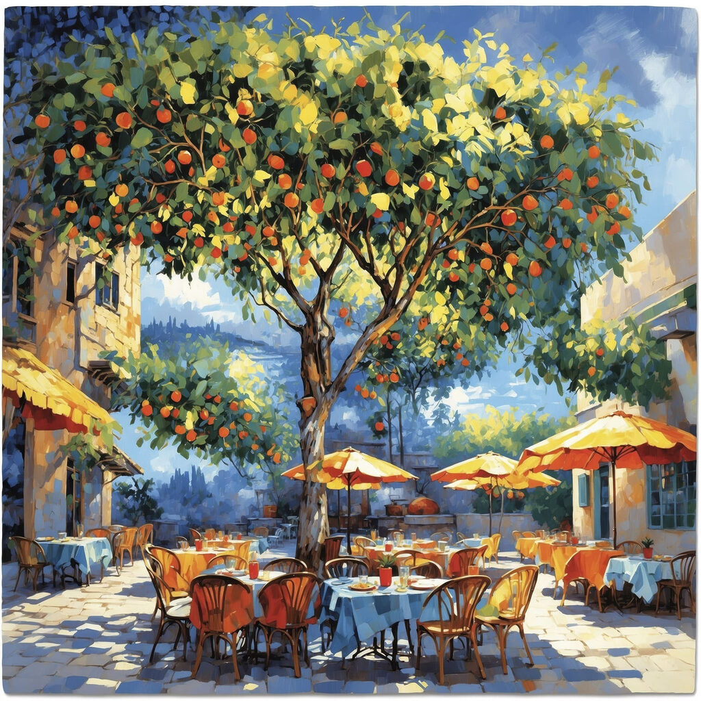 Painting of an orange tree with tables and chairs under an orange tree Painting of an orange tree with tables and chairs under an orange tree