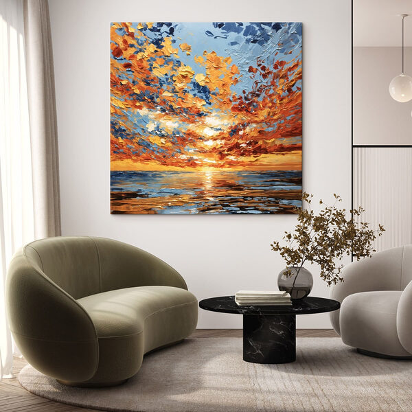 Painting of a sunset over water Painting of a sunset over water