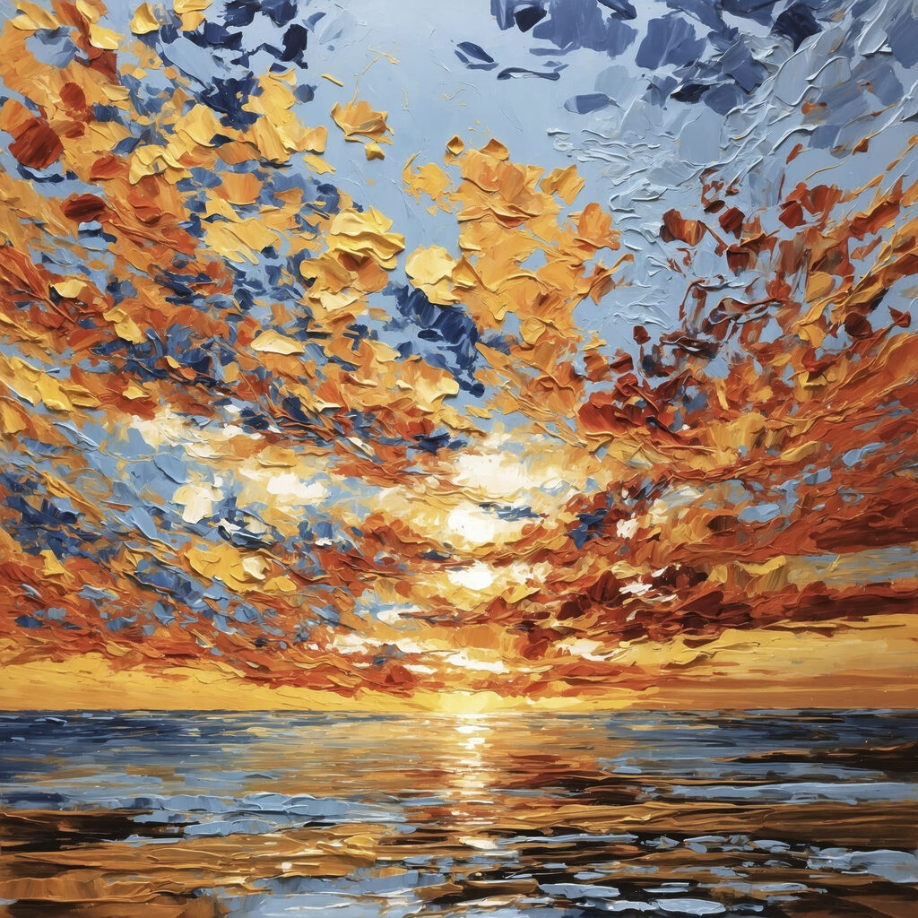 Painting of a sunset over water Painting of a sunset over water