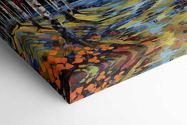 Painting of a river with trees and leaves Painting of a river with trees and leaves