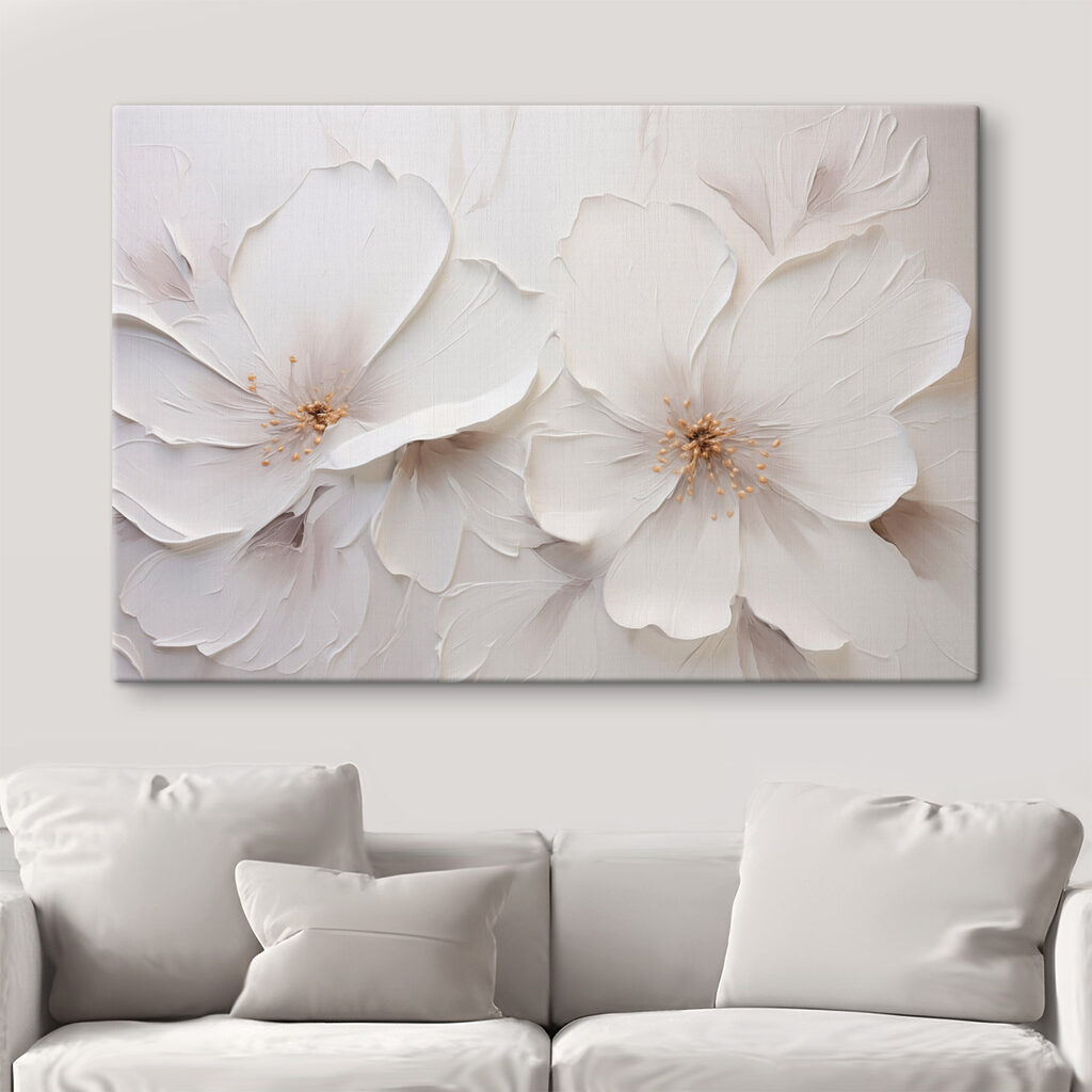 White flower art on a wall