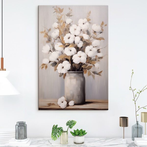 Painting of cotton flowers in a vase