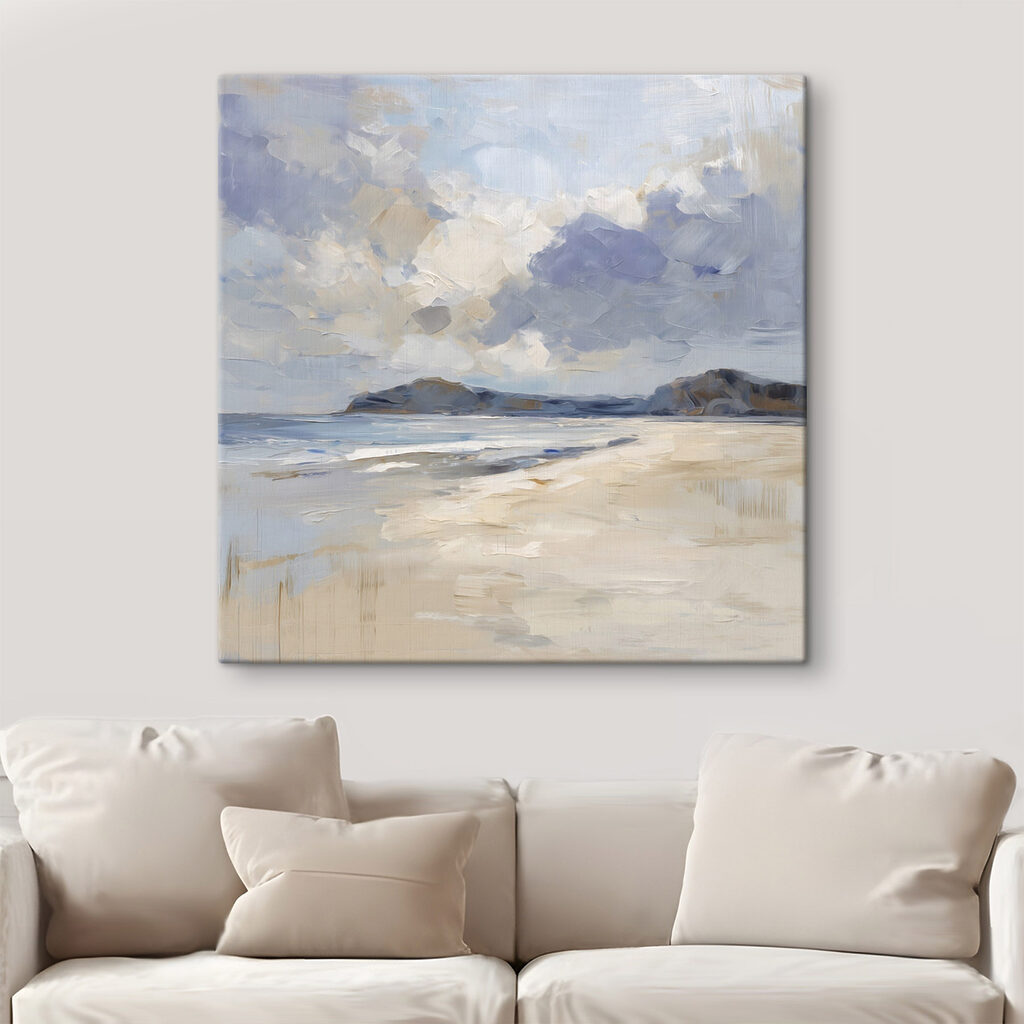 Beach with a sandy beach and mountains in the distance