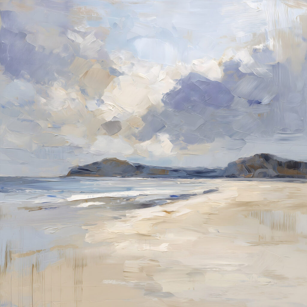 Beach with a sandy beach and mountains in the distance