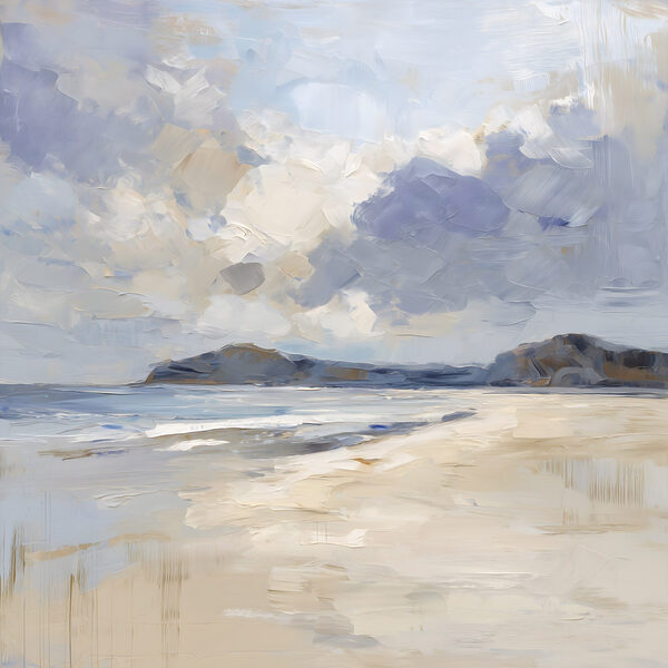 Beach with a sandy beach and mountains in the distance