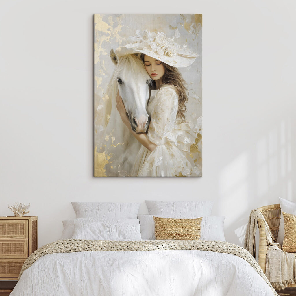 Woman in a white dress and hat hugging a horse Woman in a white dress and hat hugging a horse