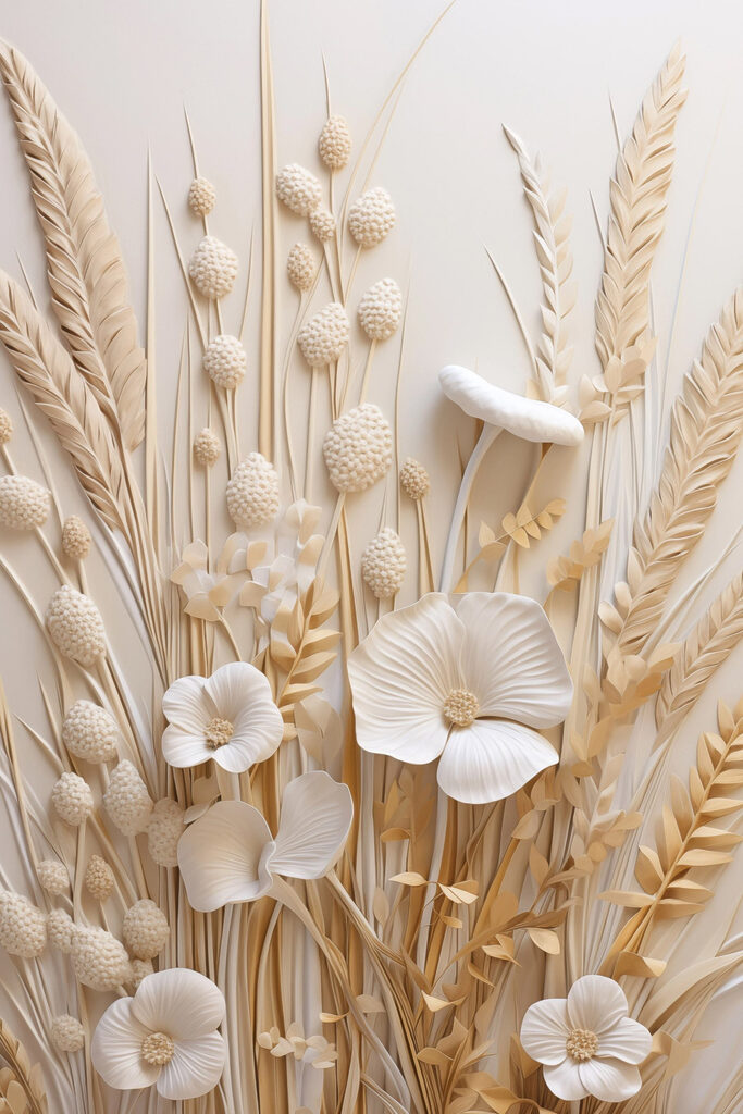 Group of white flowers and brown wheat