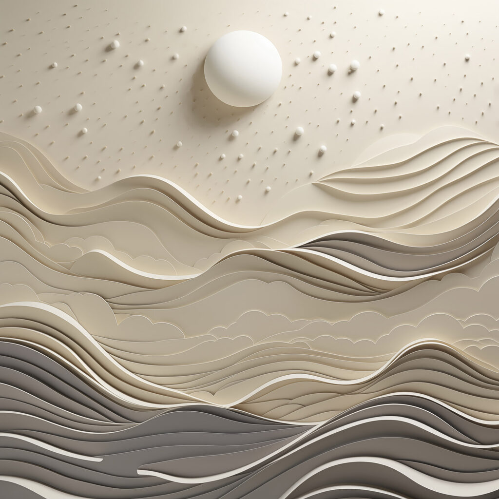White paper cut out of waves and a white sun