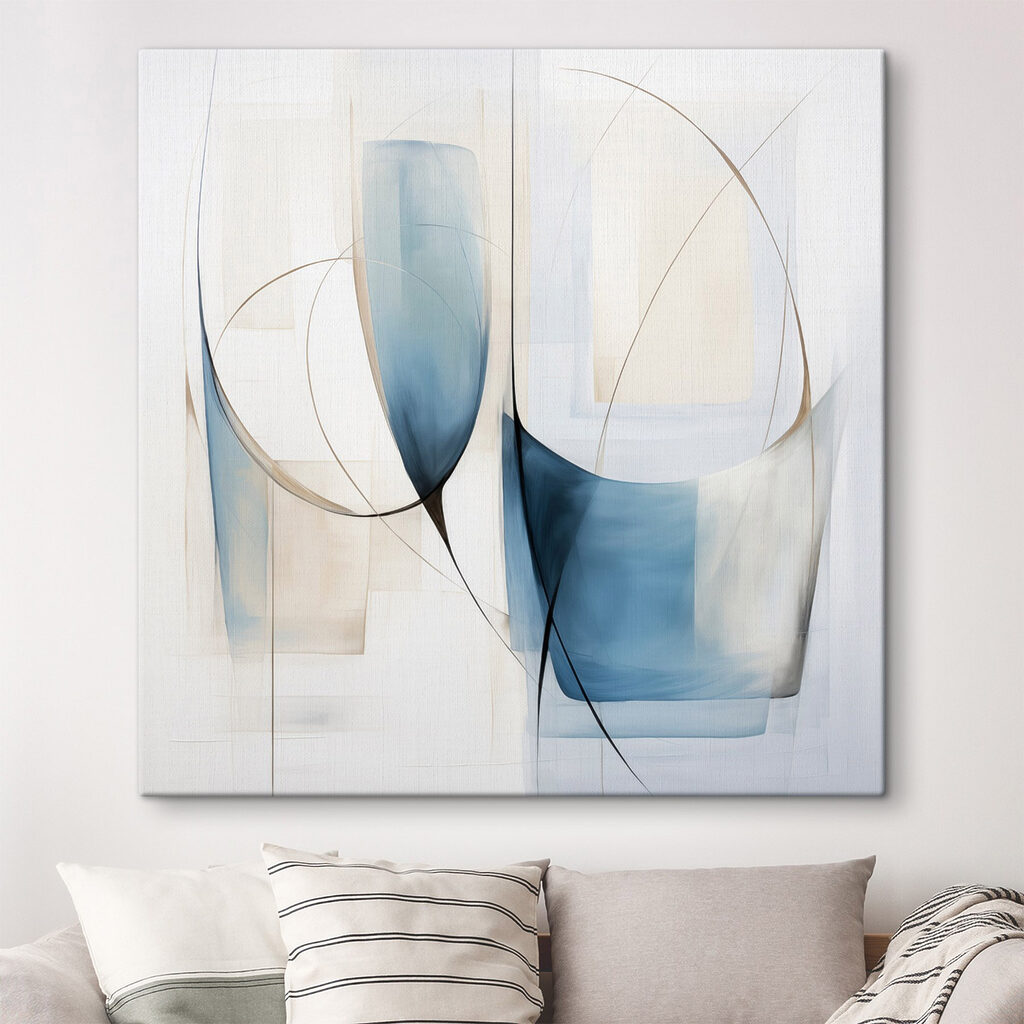 Painting of a couple of blue and white shapes