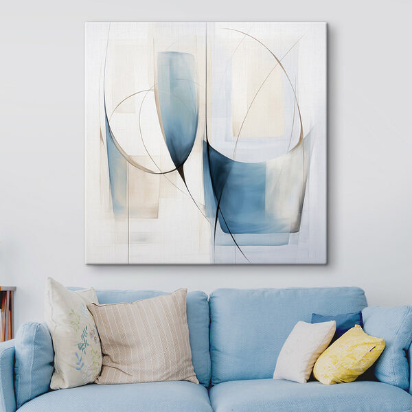 Painting of a couple of blue and white shapes