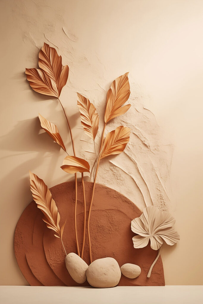 Brown and white leaves on a brown surface