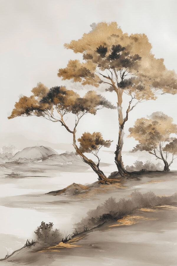 Painting of trees in a desert