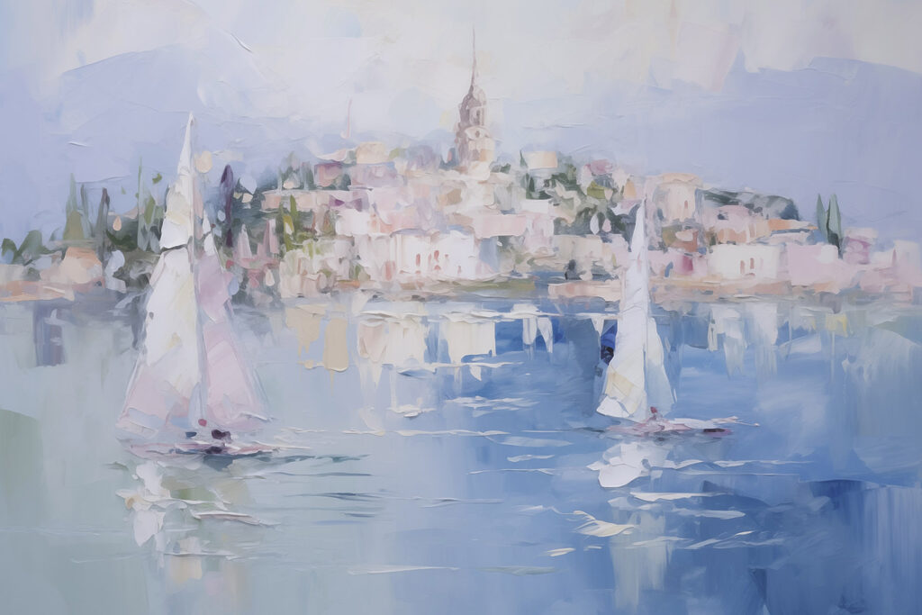 Painting of sailboats on water with a city in the background Painting of sailboats on water with a city in the background