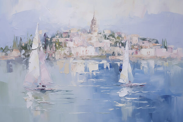 Painting of sailboats on water with a city in the background Painting of sailboats on water with a city in the background