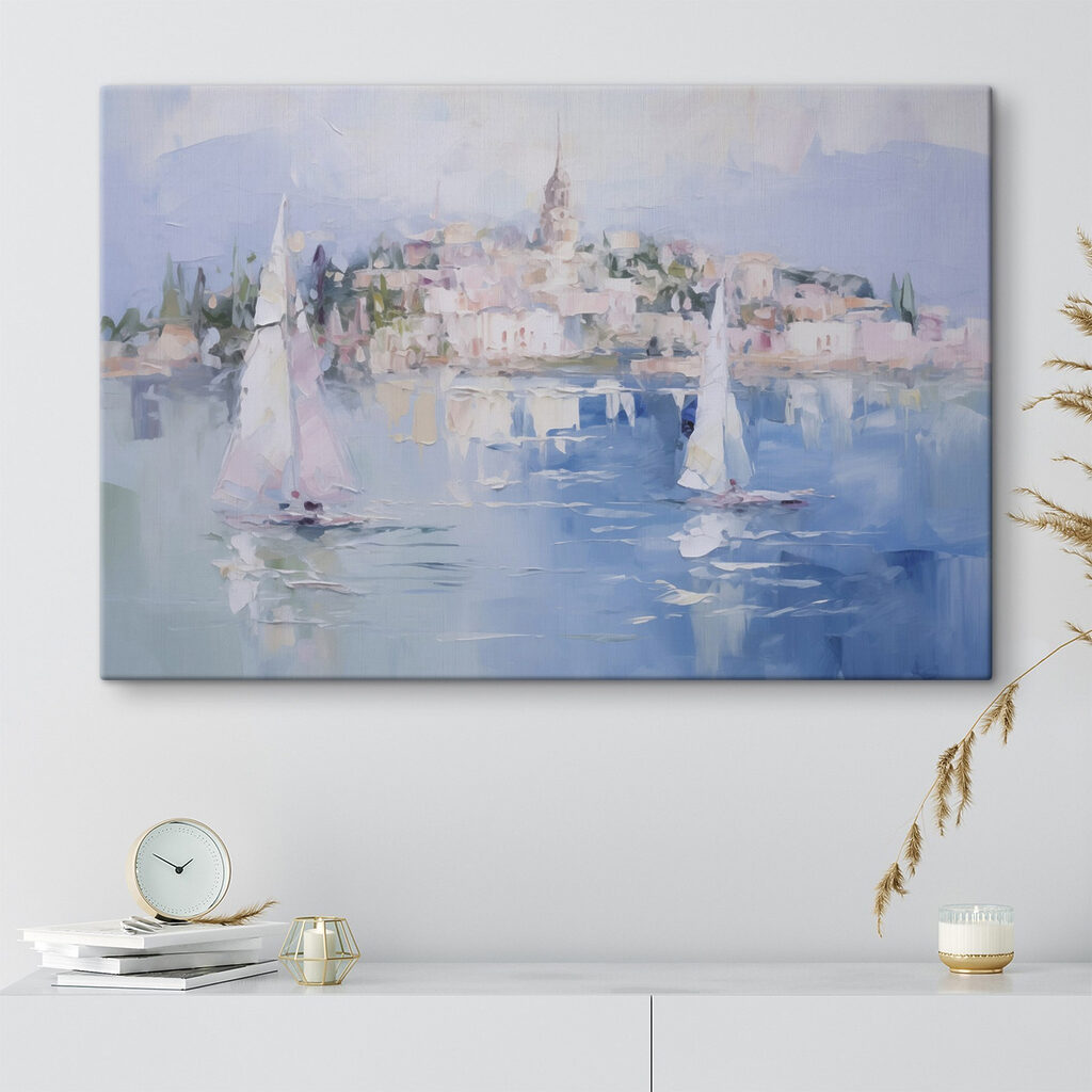 Painting of sailboats on water with a city in the background Painting of sailboats on water with a city in the background
