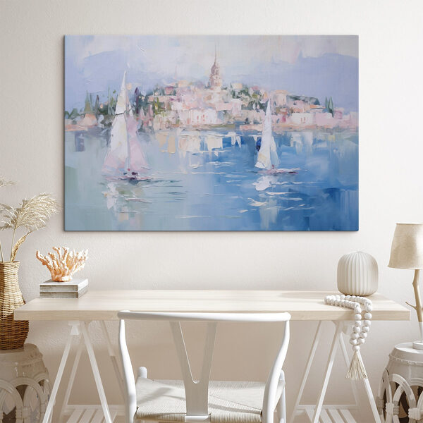 Painting of sailboats on water with a city in the background Painting of sailboats on water with a city in the background