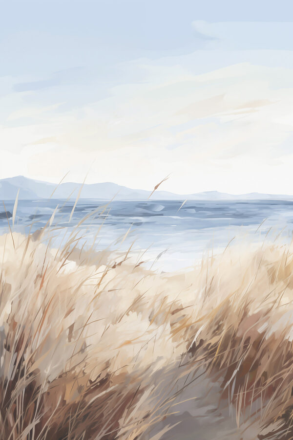 Watercolor painting of a field of grass and a body of water
