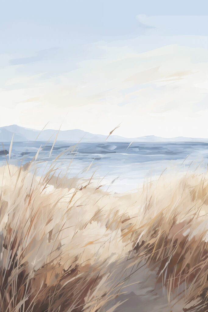 Watercolor painting of a field of grass and a body of water