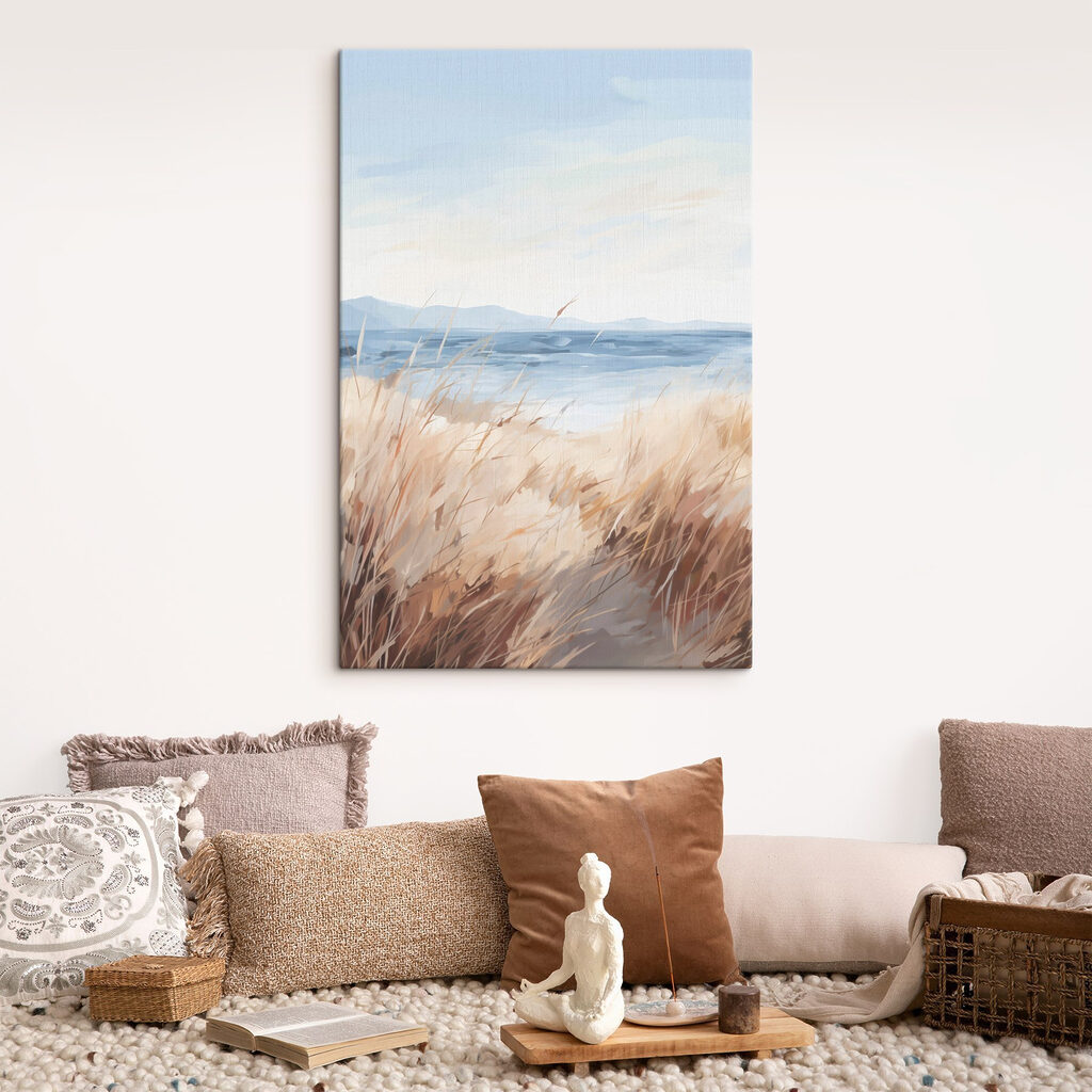 Watercolor painting of a field of grass and a body of water