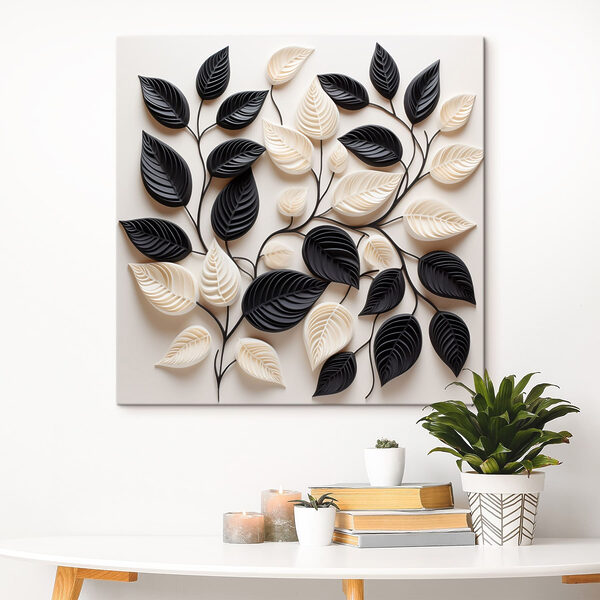 Black and white leaves on a white surface Black and white leaves on a white surface