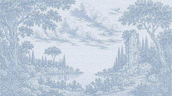 Blue and white drawing of a lake and trees