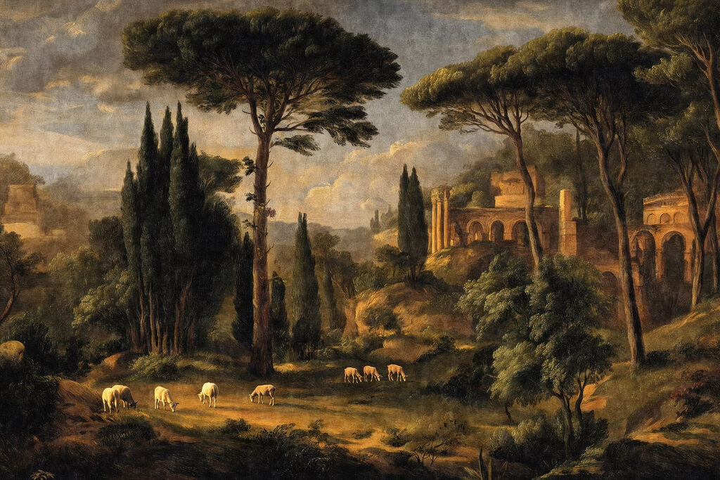 Painting of a landscape with trees and a building