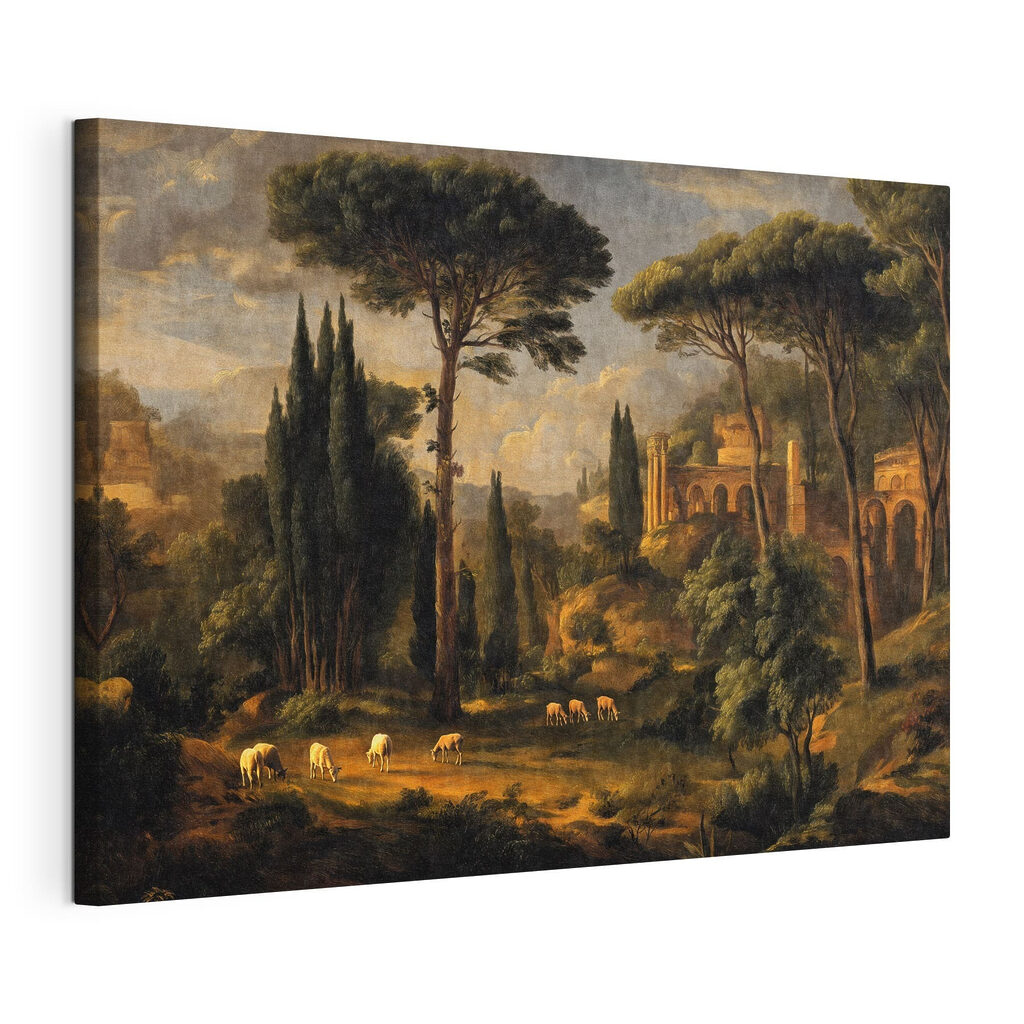 Painting of a landscape with trees and a building