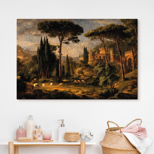 Painting of a landscape with trees and a building