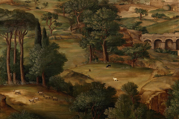 Painting of a landscape with trees and animals