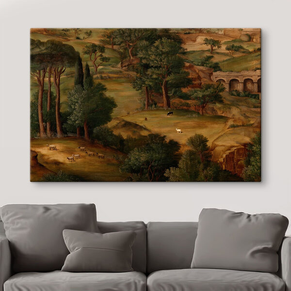 Painting of a landscape with trees and animals