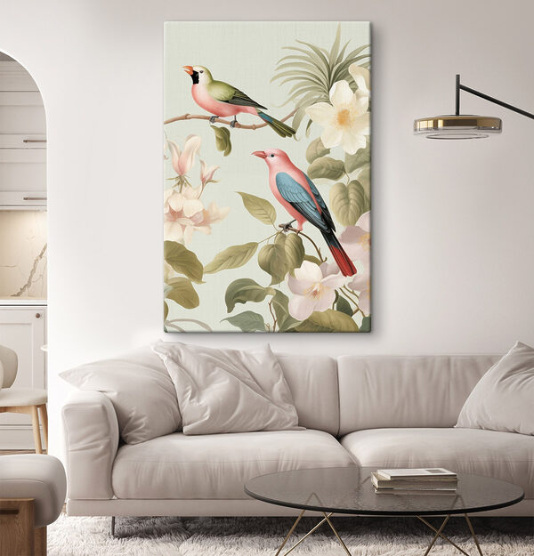 Couple of birds on a branch with flowers Couple of birds on a branch with flowers