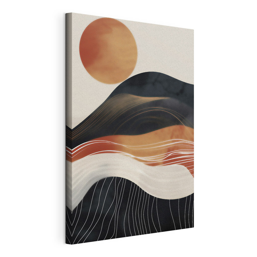 Painting of a mountain with a sun behind it Painting of a mountain with a sun behind it