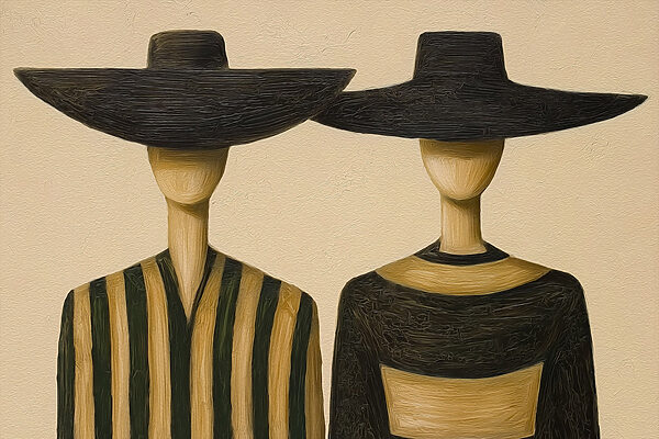 Couple of wooden mannequins wearing hats Couple of wooden mannequins wearing hats