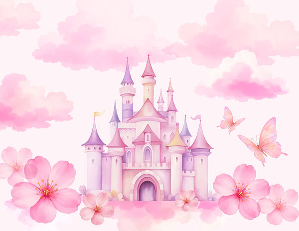 Pink castle with butterflies and pink clouds Pink castle with butterflies and pink clouds