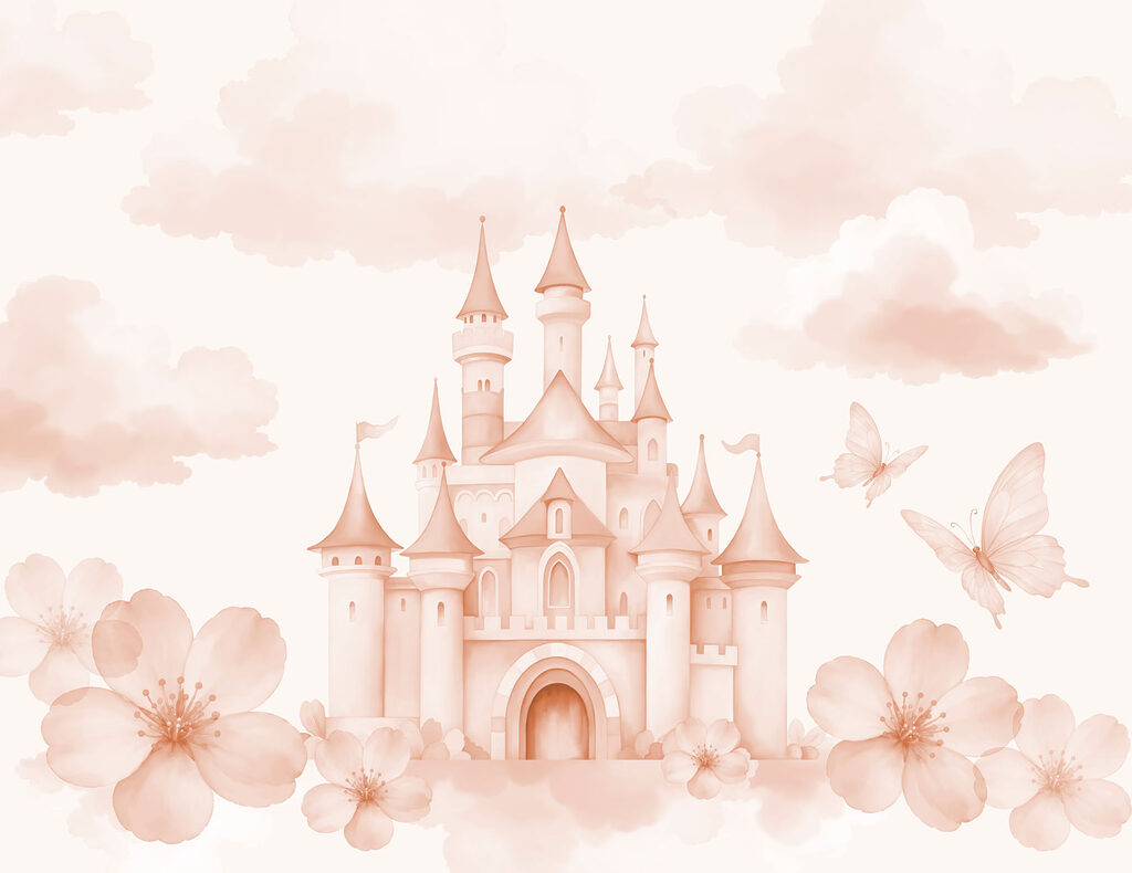 Pink castle with butterflies and flowers