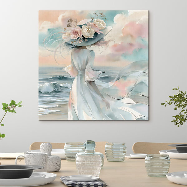 Woman in a dress with flowers on her hat Woman in a dress with flowers on her hat