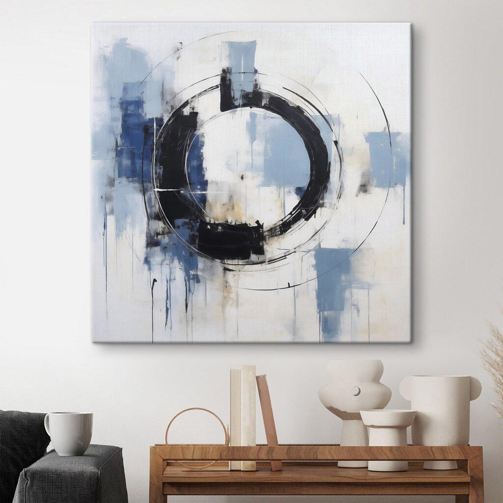 Painting of a circle with blue and white paint