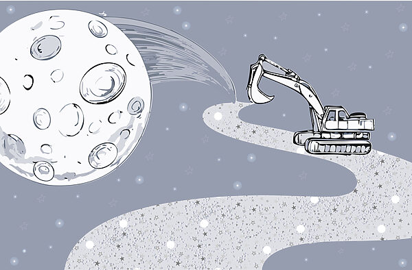 Cartoon of a bulldozer and a moon