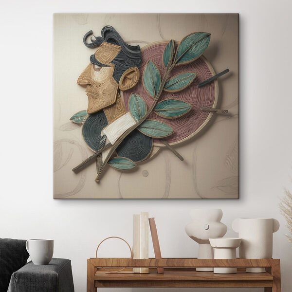 Artwork of a man with leaves on a wall