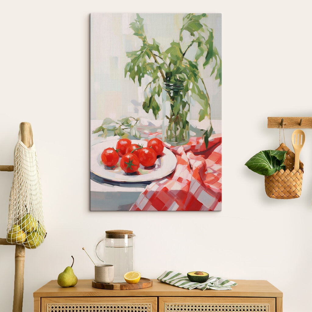 Painting of tomatoes on a plate next to a vase of green leaves Painting of tomatoes on a plate next to a vase of green leaves