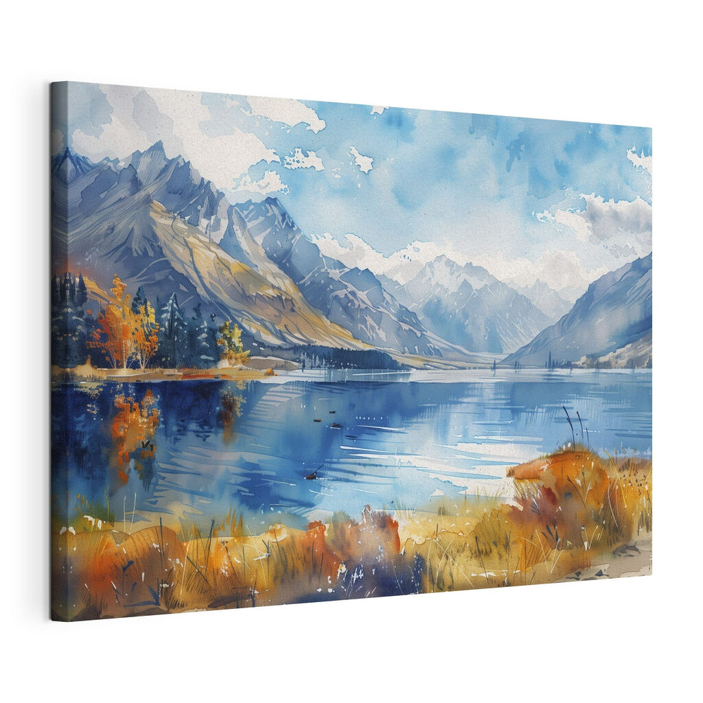 Watercolor painting of a lake surrounded by mountains and clouds Watercolor painting of a lake surrounded by mountains and clouds