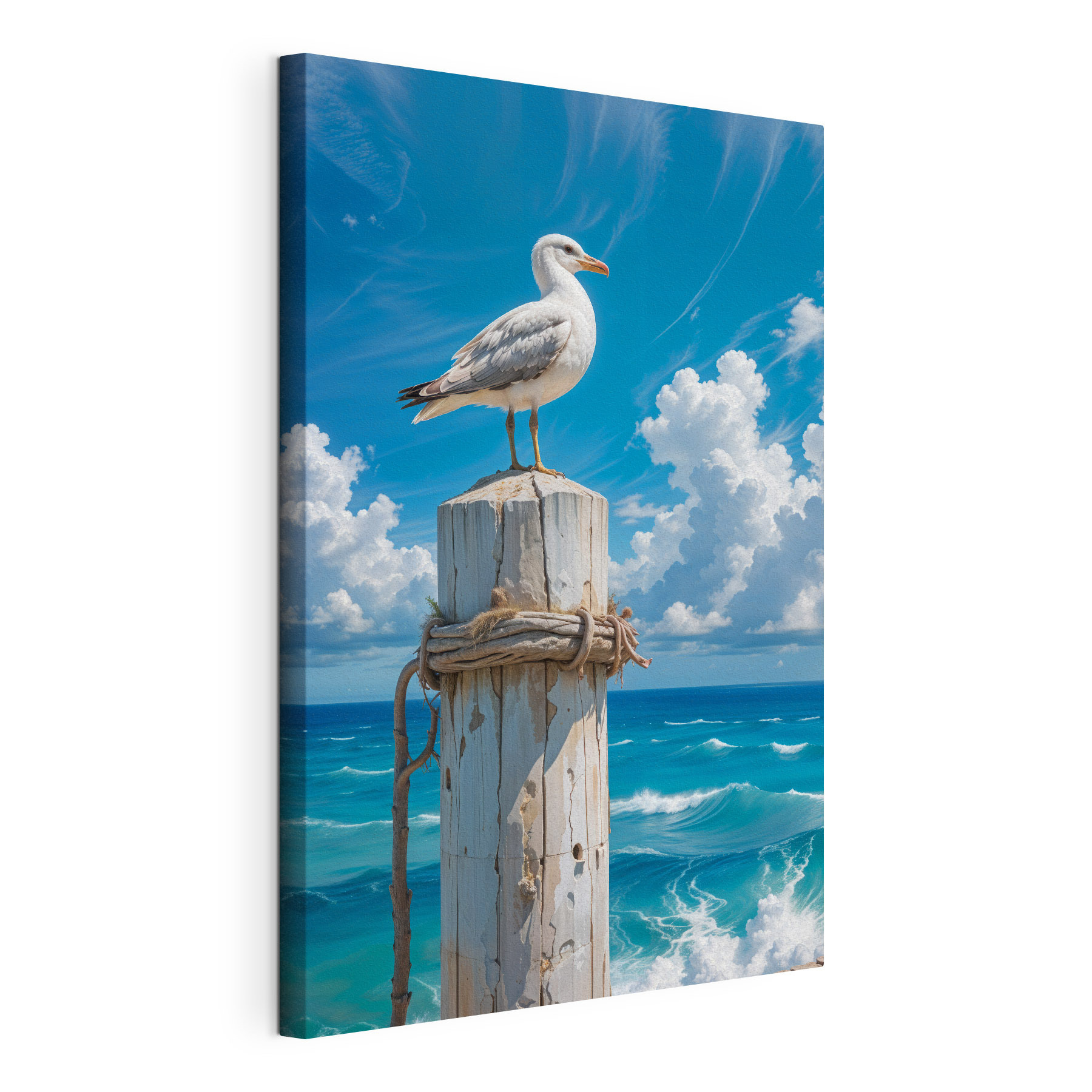 Seagull standing on a wooden post