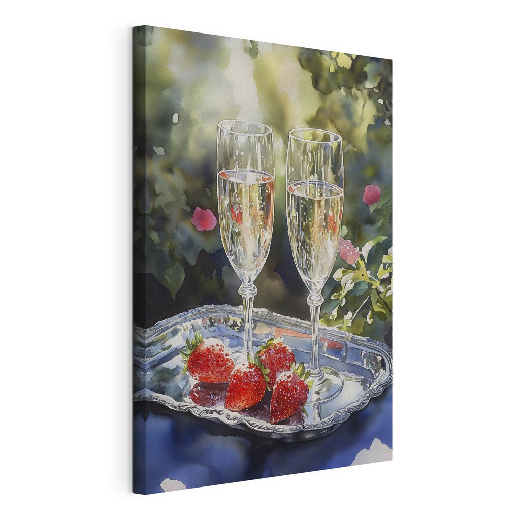 Two glasses of champagne and strawberries on a tray Two glasses of champagne and strawberries on a tray