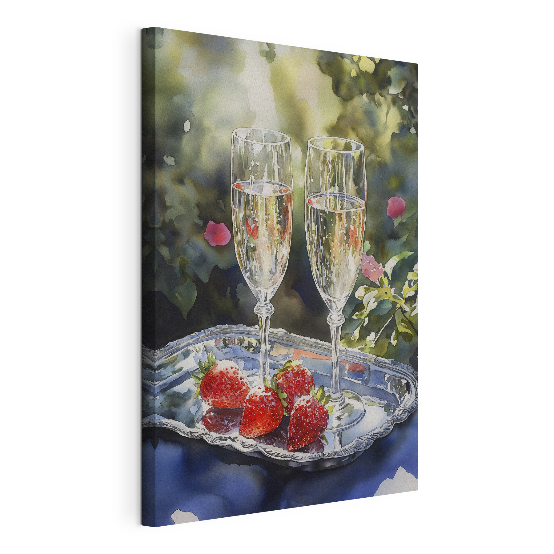 Two glasses of champagne and strawberries on a tray Two glasses of champagne and strawberries on a tray
