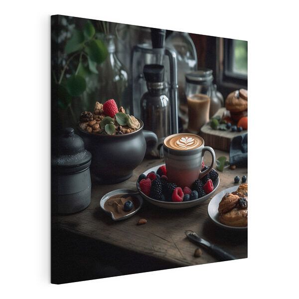 Vászonképek Egy csésze kávé latte art tányéron gyümölcsökkel és gabonafélékkel