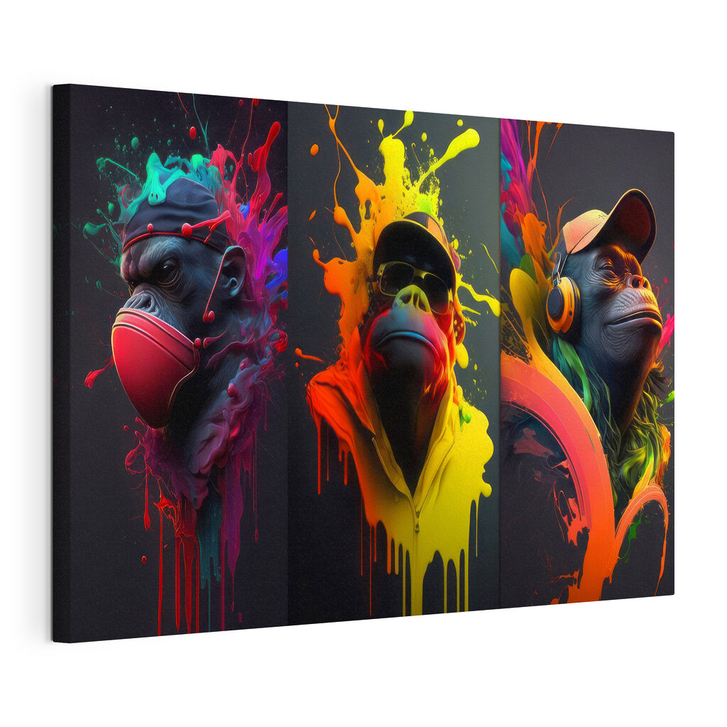 A collage of images of a monkey with colorful paint splashes
