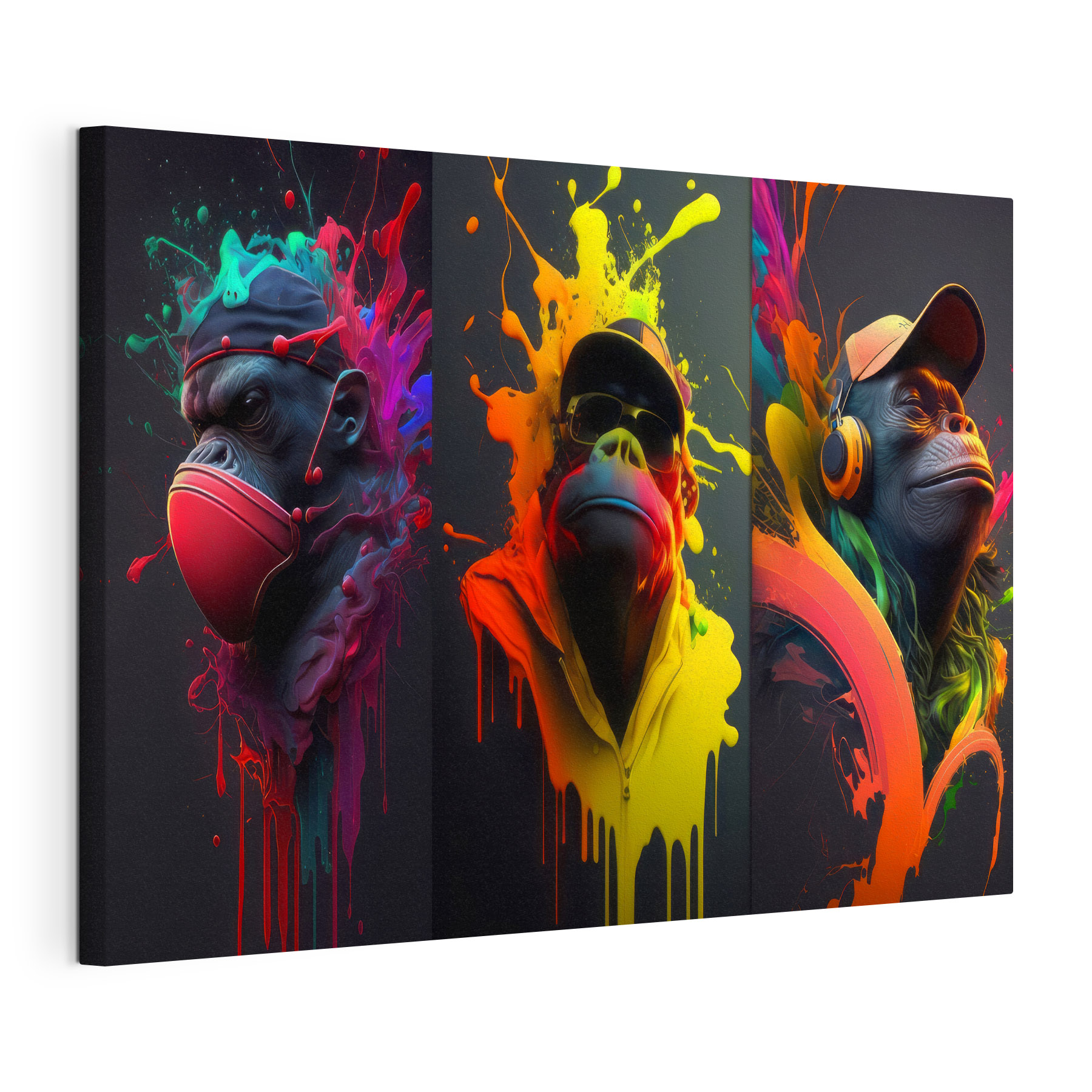 A collage of images of a monkey with colorful paint splashes