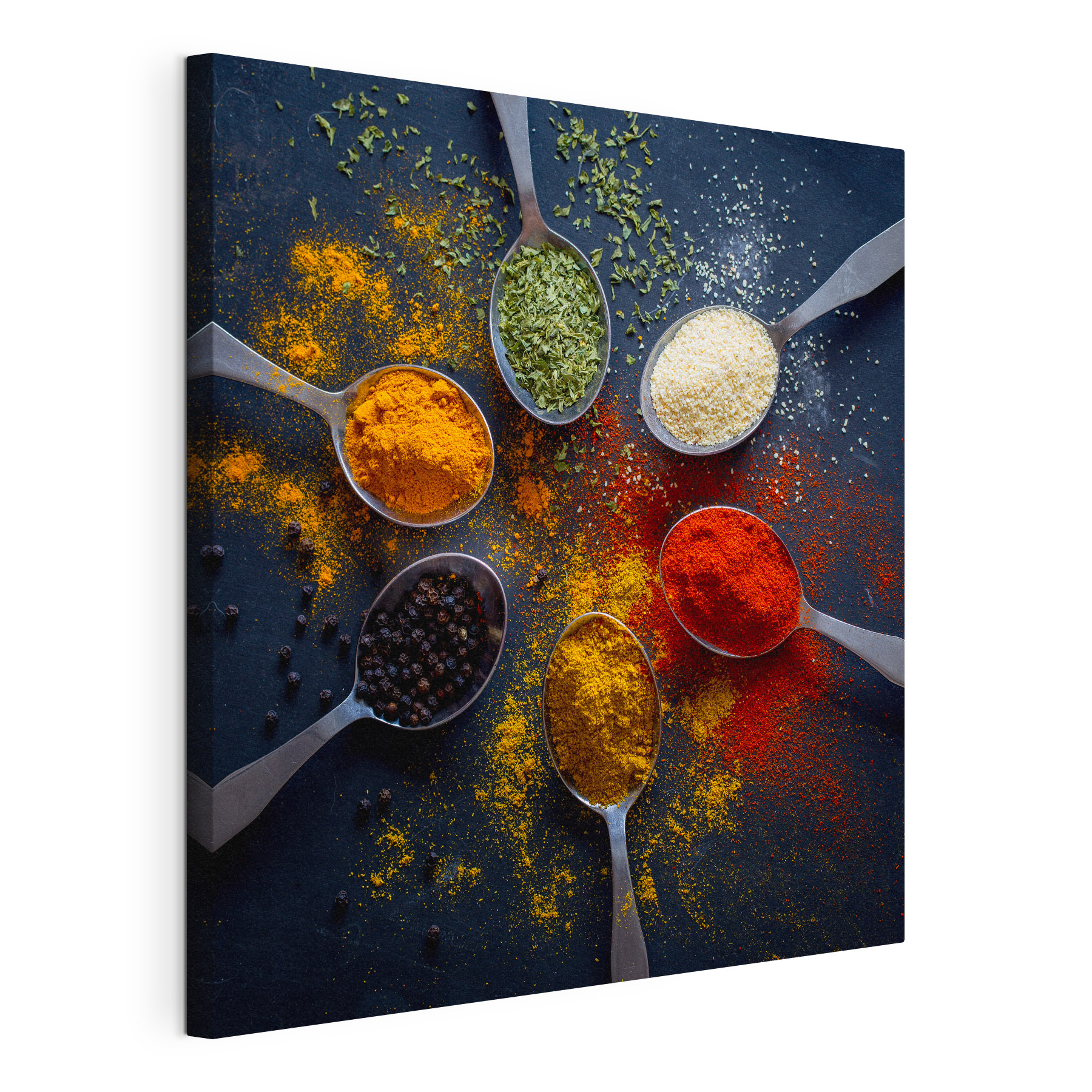 A group of spoons with different spices